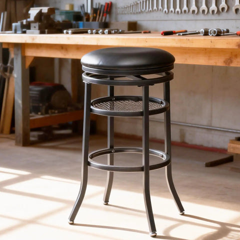 Swivel Industrial Shop Stool with Mesh Storage and Footrest 360 Degree Swivel, heavy duty round metal bar stool in workshop