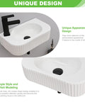 Rectangular Wall Mount Vessel Sink In White Porcelain Ceramic With Faucet and Drain, modern bathroom basin close-up with unique design