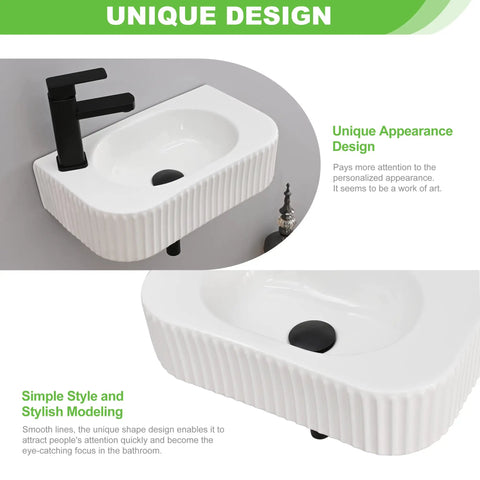 Rectangular Wall Mount Vessel Sink In White Porcelain Ceramic With Faucet and Drain, modern bathroom basin close-up with unique design