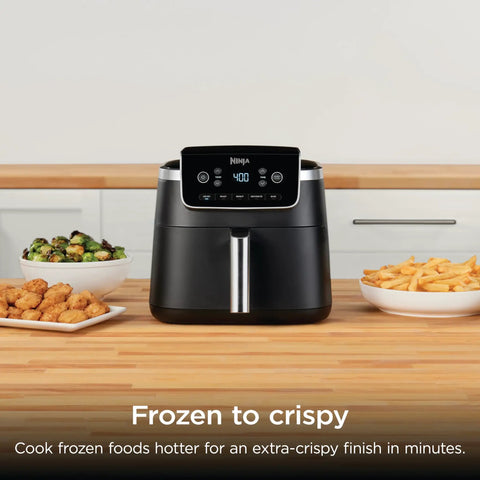 Game Changer 5 Quart Air Fryer With 5In1 Cook Functions For Insanely Crispy Results At 1750 Watts, sleek black design with food.