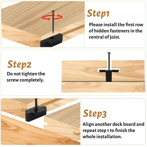 Installation steps for Top Shelf Hidden Deck Fasteners Six Hundred Piece Kit For Grooved Boards Premium Nylon T Clips.