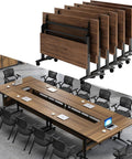 Smooth Rolling Folding Conference Table With Heavy Duty Casters Quick Collapsible Meeting Desk For Corporate Training stacked and arranged for storage.