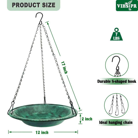 Hanging Bird Bath And Feeder Bowl For Outdoors 12 Inch With Chains Durable Weather Resistant PP Antique Green