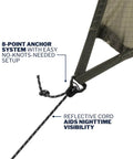 DryFly Rain Tarp Ultralight Hammock Shelter for Camping and Backpacking with 8-point anchor system and reflective cord detail.