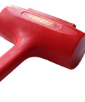 Close-up of Red Beefy Polyurethane Coated Dead Blow Hammer With Textured Grip For No Bounce And Quiet Taps, 3 And A Quarter Inch Diameter Head