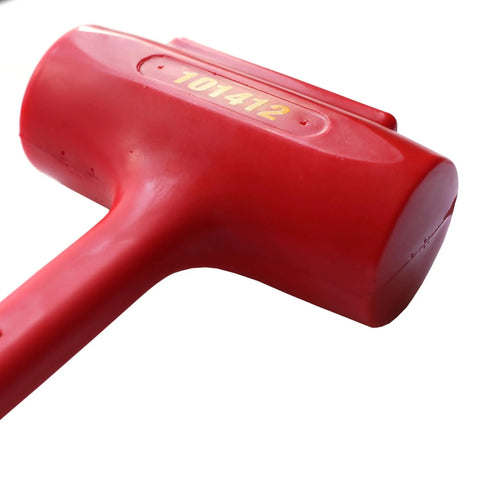 Close-up of Red Beefy Polyurethane Coated Dead Blow Hammer With Textured Grip For No Bounce And Quiet Taps, 3 And A Quarter Inch Diameter Head