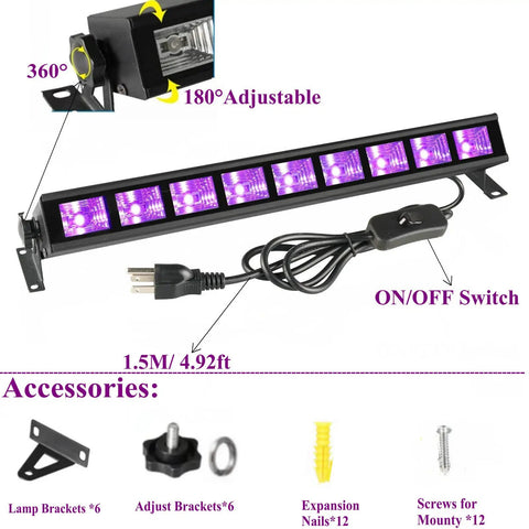 Three Pack 36W Black Light Bars With 5Ft US Plug And On Off Switch, adjustable angle, accessories included for glow party lighting
