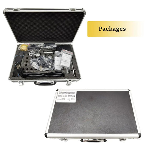 Hella Precise Micro Digital Vickers Hardness Tester With Automatic Turret and Top Shelf Vicker Meter in an open carry case with tools.