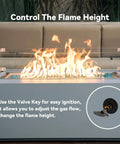 Fire pit with flame control using a one half inch gas key valve kit for fire pit and fireplace with flange and three inch key flat black.