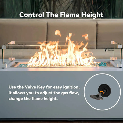 Fire pit with flame control using a one half inch gas key valve kit for fire pit and fireplace with flange and three inch key flat black.