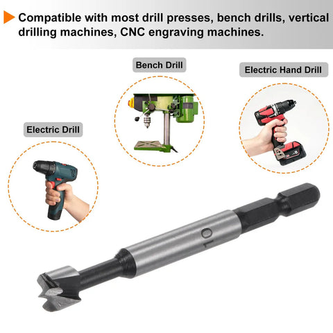 Built Tough 2 Pack Forstner Drill Bits 10mm And 13 32 Inch on an electric drill showing serrated carbon steel design.