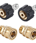 Front view of Raincovo 4-piece quick-connect hose fittings: two black plastic adapters and two brass connectors