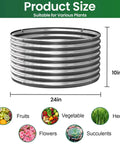 4 Pack Round Galvanized Raised Garden Bed Set For Outdoors And Veggies, Durable Metal Garden Boxes For Vegetables And Flowers, Easy Assembly, Above Ground Steel Raised Beds For Gardening, Two Feet shown with dimensions and plant types