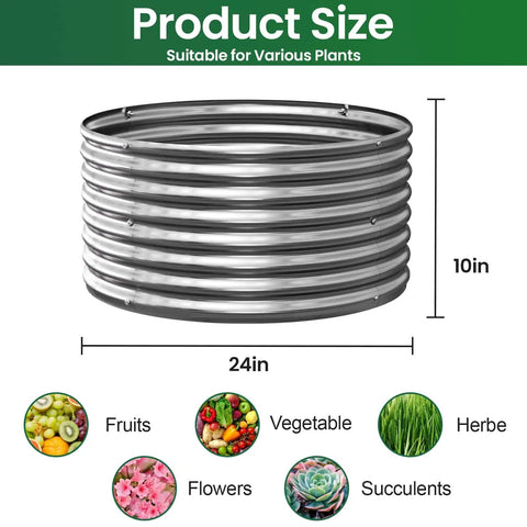 4 Pack Round Galvanized Raised Garden Bed Set For Outdoors And Veggies, Durable Metal Garden Boxes For Vegetables And Flowers, Easy Assembly, Above Ground Steel Raised Beds For Gardening, Two Feet shown with dimensions and plant types