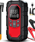 Grab-And-Go All-In-One Jump Starter With Air Compressor And Tire Inflator, LCD Display, cables, and accessories shown