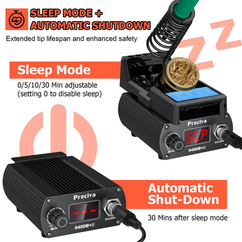 Pro 75W Soldering Station With Rapid Heat Up Digital Display T12 Tip Auto Sleep And Calibration Celsius Fahrenheit Conversion Fast Heat Recovery showing automatic shutdown feature
