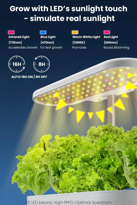 12 Pod Hydroponics Indoor Garden System With LED Grow Light simulating sunlight over lush green lettuce