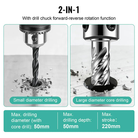 Zhimei 1450W Magnetic Drill Press With Speed Control, Electric Metal Boring Machine For Industrial And Home Use, Powerful Copper Motor, High Torque Drilling Solution, Sturdy And Reliable Performance showing small and large diameter drilling options.