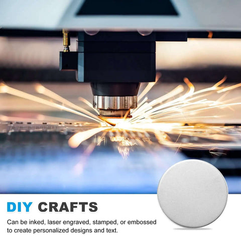 Laser engraving machine working on Stainless Steel Disc Blanks For Engraving Five Eighths Inch Diameter 0.08 Inch Thick Round Metal Stamping Blanks Pack Of 55 For DIY Jewelry, Name Tags, Keychains And Crafts.