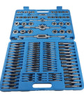 Ultimate 110 Piece Carbon Steel Metric Thread Tap And Die Set With Adjustable Wrenches For Hand Tapping Bolt Threading Male Female Nut Cutting Tools Perfect For Mechanics. Blue case open with taps, dies, and handles