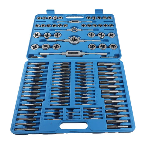 Ultimate 110 Piece Carbon Steel Metric Thread Tap And Die Set With Adjustable Wrenches For Hand Tapping Bolt Threading Male Female Nut Cutting Tools Perfect For Mechanics. Blue case open with taps, dies, and handles