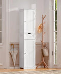 67 Inch Tall Bathroom Cabinet With Two Doors And One Drawer, Slim 15.7 Inch Wide, 11.8 Inch Deep, White Finish in room corner