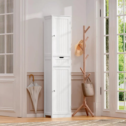 67 Inch Tall Bathroom Cabinet With Two Doors And One Drawer, Slim 15.7 Inch Wide, 11.8 Inch Deep, White Finish in room corner