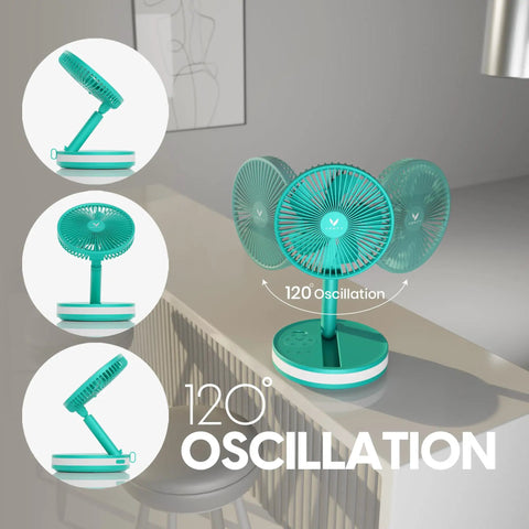 Rechargeable Portable Fan With USB-C, Wireless Battery Operated, 4 Speeds, 120 Degree Oscillation, Mint Case on a table