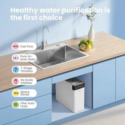 Top-Notch Tankless Reverse Osmosis System 400 GPD With 7-Stage Filtration For Under-Sink Drinking Water in kitchen setup.