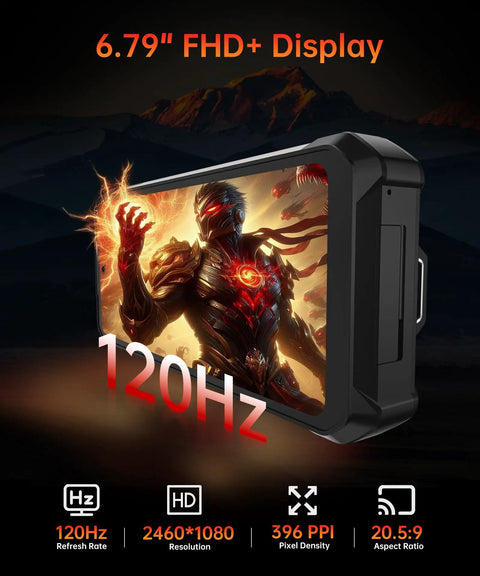 Badass Rugged Smartphone With 5G And Knockout 23800mAh Battery Running Android 15 Featuring Integrated Pocket Projector displaying 6.79 FHD+ screen.