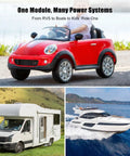 Collage of red toy car, RV, and yacht showing uses for Beefed-Up 12V To 36V DC Low Voltage Protection Module With Display.