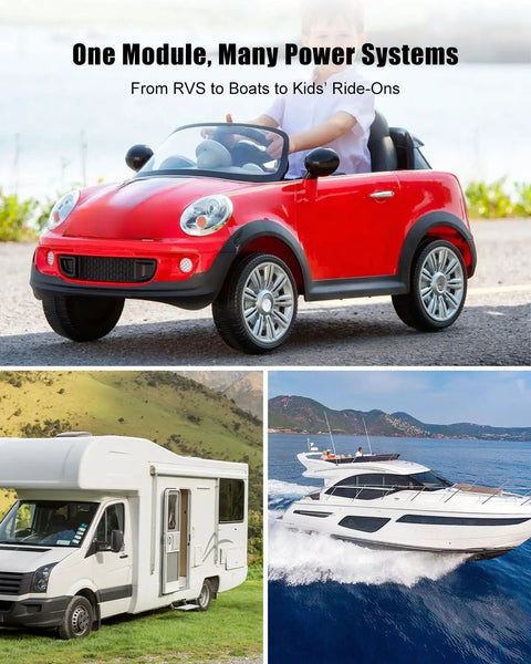 Collage of red toy car, RV, and yacht showing uses for Beefed-Up 12V To 36V DC Low Voltage Protection Module With Display.