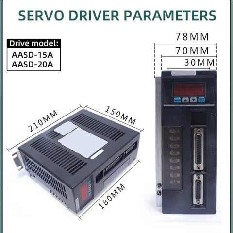 Details of AASD-20A and AASD-15A servo motor drivers, showing dimensions. High Precision 220V AC Servo Motor With 4Nm Torque At 2500 RPM 1KW Single Phase Drive Permanent Magnet AASD 20A Matched Driver Shielded Wire Fast Bang For Your Buck CNC Servo For Automated Production Lines.