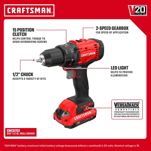 High Octane V20 Cordless Drill And Impact Driver Combo Kit Including Two Ah Battery Charger With 1700 Rpm Motor 1/2 Inch Chuck LED Work Light, featuring 15 position clutch and 2-speed gearbox.