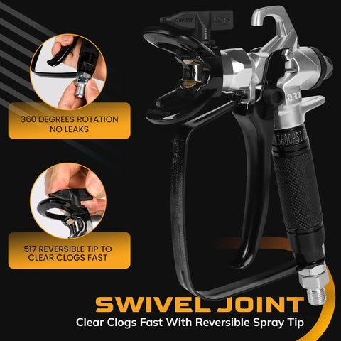 Professional Airless Paint Sprayer Gun Pumping Hefty 3600 PSI showing swivel joint and 517 reversible tip for clog clearing.
