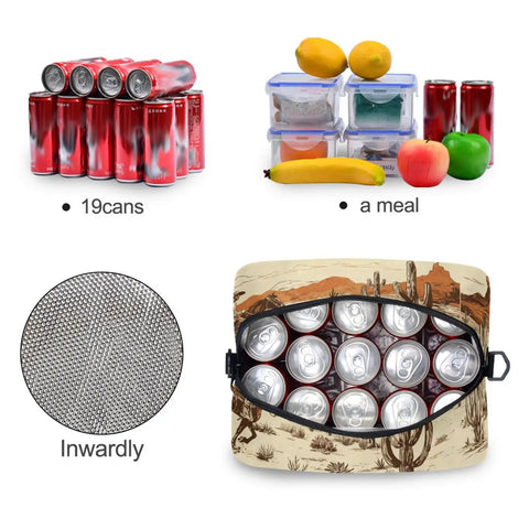Open Desert Cowboy Vibe Cooler Bag For Lunch Insulated 10L Leakproof Portable Lunch Box showing 19 cans inside.