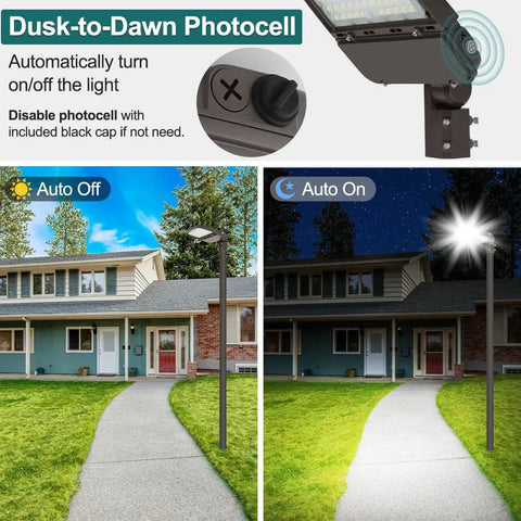 Dusk-to-dawn feature of Beefy LED Parking Lot Light 150W 100W 75W Adjustable with 22500lm 150lm/W 5000K Waterproof Shoebox