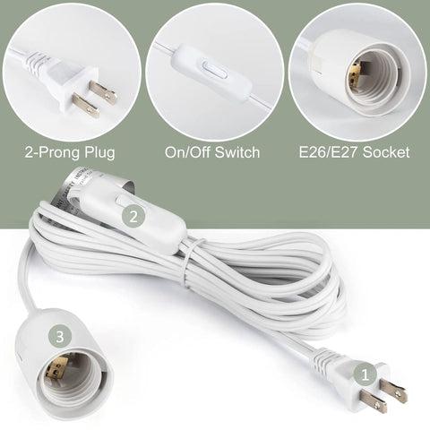 Close-up of 12 Foot Pendant Lighting Cord with On Off Switch for E26 E27 Socket Plug In, showing plug, switch, and socket details.