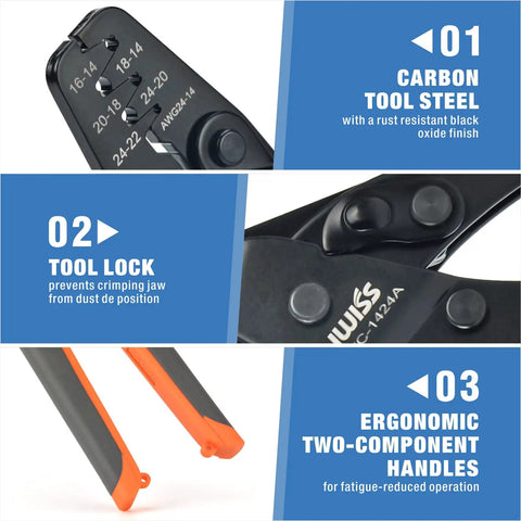 Close-up of Open Barrel Terminal Crimping Tool For Deutsch DT Series Pro AWG14 To AWG24 showing tool features and handles.