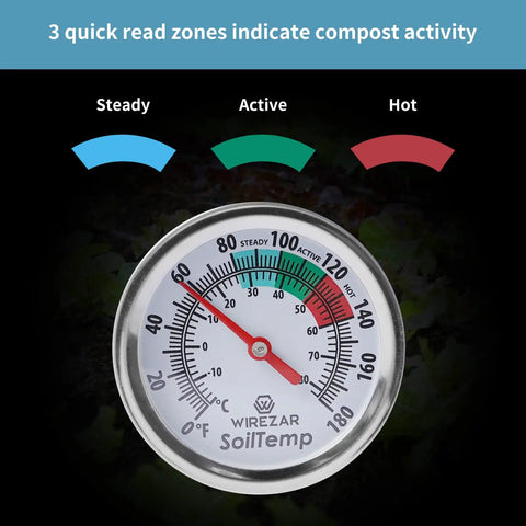Waterproof Compost And Soil Thermometer With 5 Inch Stainless Steel Stem displaying temperature zones for accurate readings.