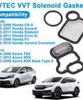 VVT VTEC Solenoid Gasket Kit Valve Cover Set Spool Valve Filter Screen for Honda Accord Civic CR V Element and Acura RDX RSX TSX 2002 2015 Fits Multiple Models shown with compatibility list and two cars.