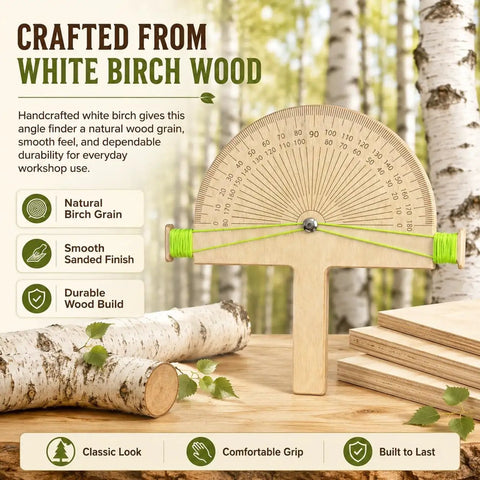 Premium Birch Wood Angle Finder Protractor With String Alignment For Rapid Zero To One Eighty Degree Readings, crafted from white birch wood.