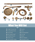 Antique Brass Shower Faucet Kit With Hand Spray And Tub Spout, 8 Inch Rain Shower Head, includes parts overview