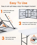 Instructions showing setup for Four Foot Go To Folding Picnic Table With Carrying Handle Easy To Fold And Store Portable Lightweight Table