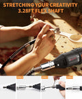 Side view of black GOXAWEE rotary tool with flex shaft carving a wooden spoon.