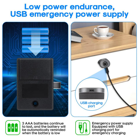 Bluetooth Fingerprint Cabinet Lock With Smart Biometric Keyless Access showing USB emergency power supply setup