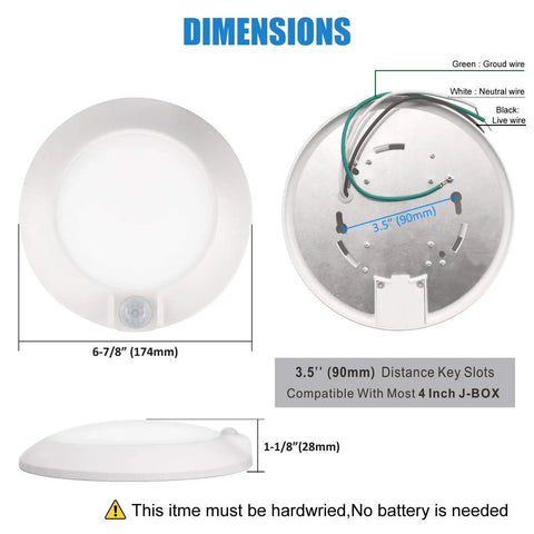 Motion Activated LED Closet Light With Hardwired Installation dimensions and wiring details