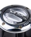 Close-up of Premium Manual Locking Hub for Classic Jeep CJ and Scout II with six bolt 27 spline shown in chrome finish