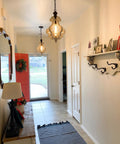 Distressed Off White Wood Pendant Light With Dope Farmhouse Vibe in hallway, tile floor, and wall decor