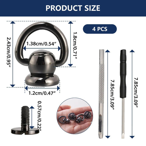Hella Solid Black Zinc Ball Studs With Swivel D Rings For Leather Crafting Professional Hardware Bundle For Handbag Strap Conversion Diy Bag Assembly Kits And Repair, dimensions shown.